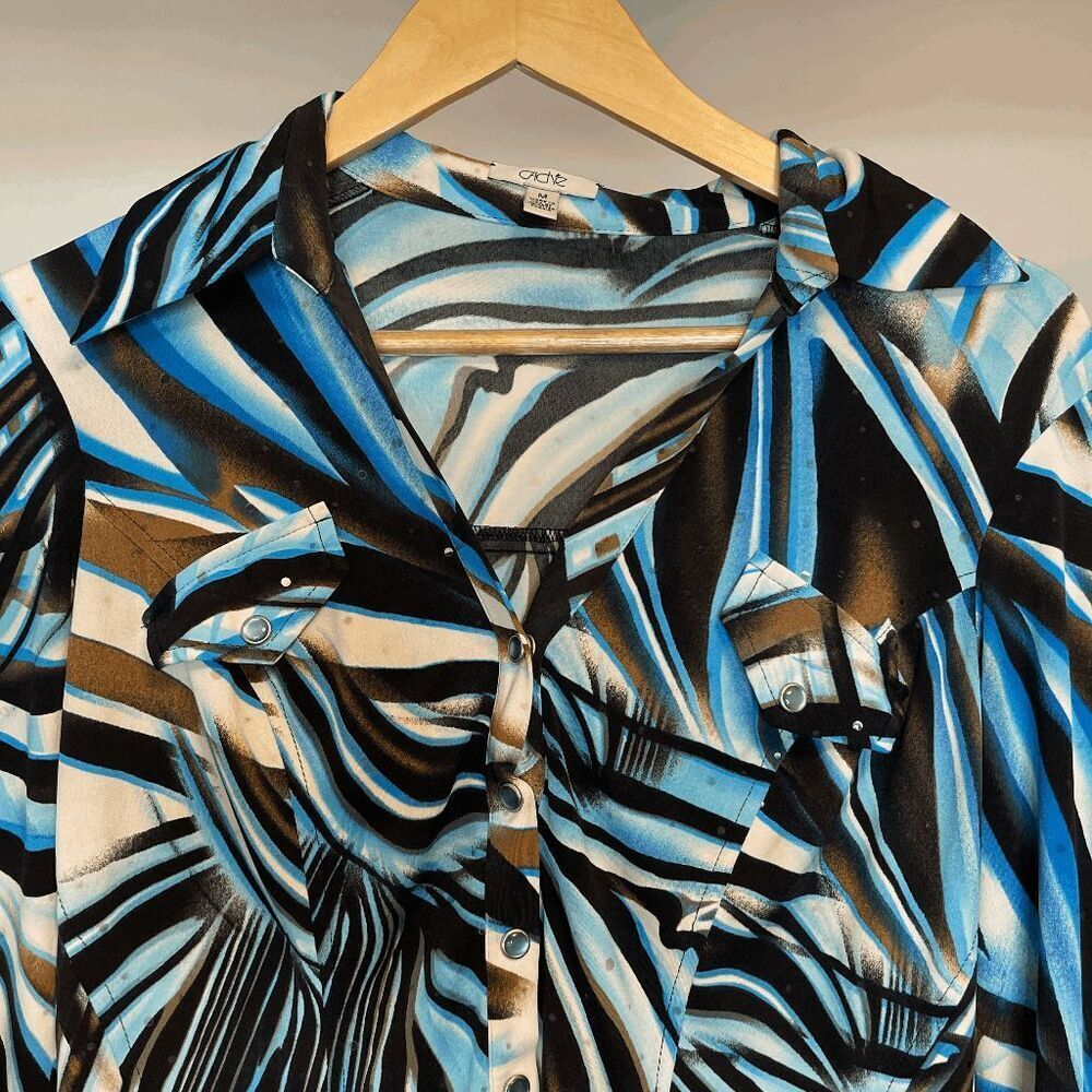 Y2k Vintage Cache Brown and‎ Blue Print Button Down Blouse - Picture 8 of 8
